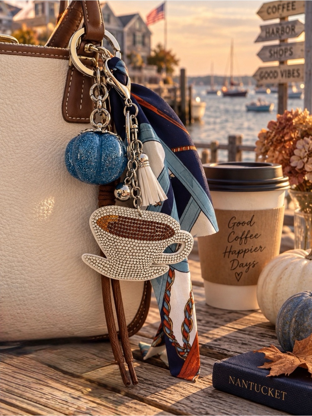 Coffee & Coastal Fall Purse Charm Bundle | 4-Piece Set | Blue Pumpkin + Scarf